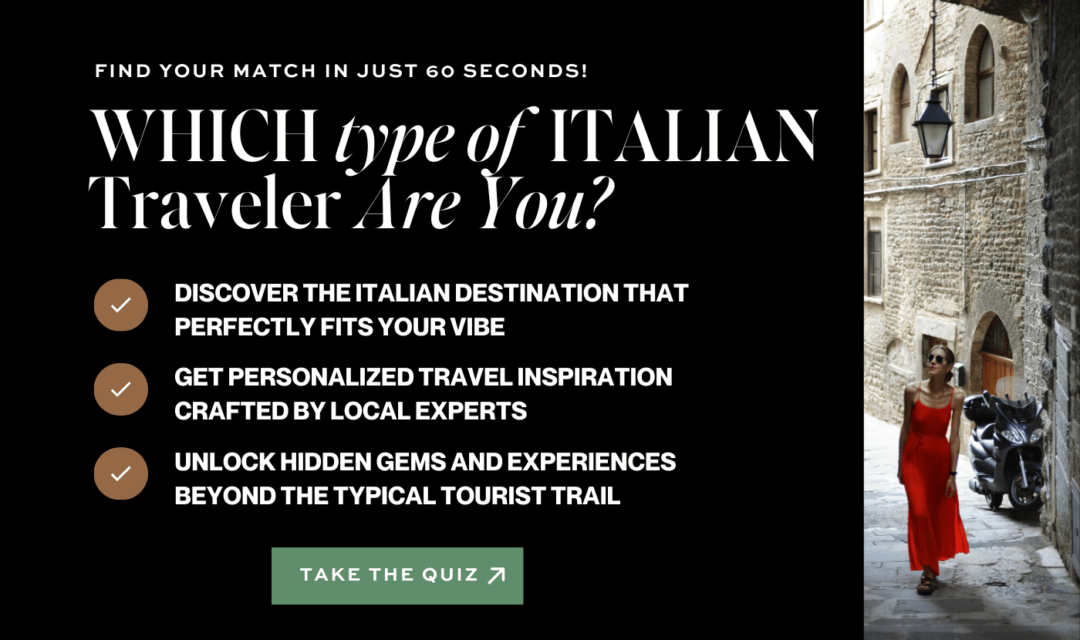 image of a lady in a red dress wandering medieval streets in umbria with a call to action to take a quiz